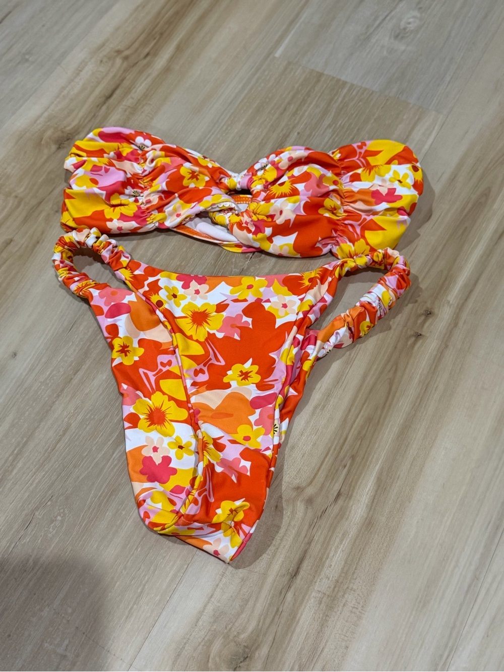 ' Floral Bandeau Bikini Set - Orange, Yellow & Pink